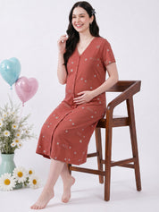 Rust Printed Hosiery Zipless Maternity Nighty
