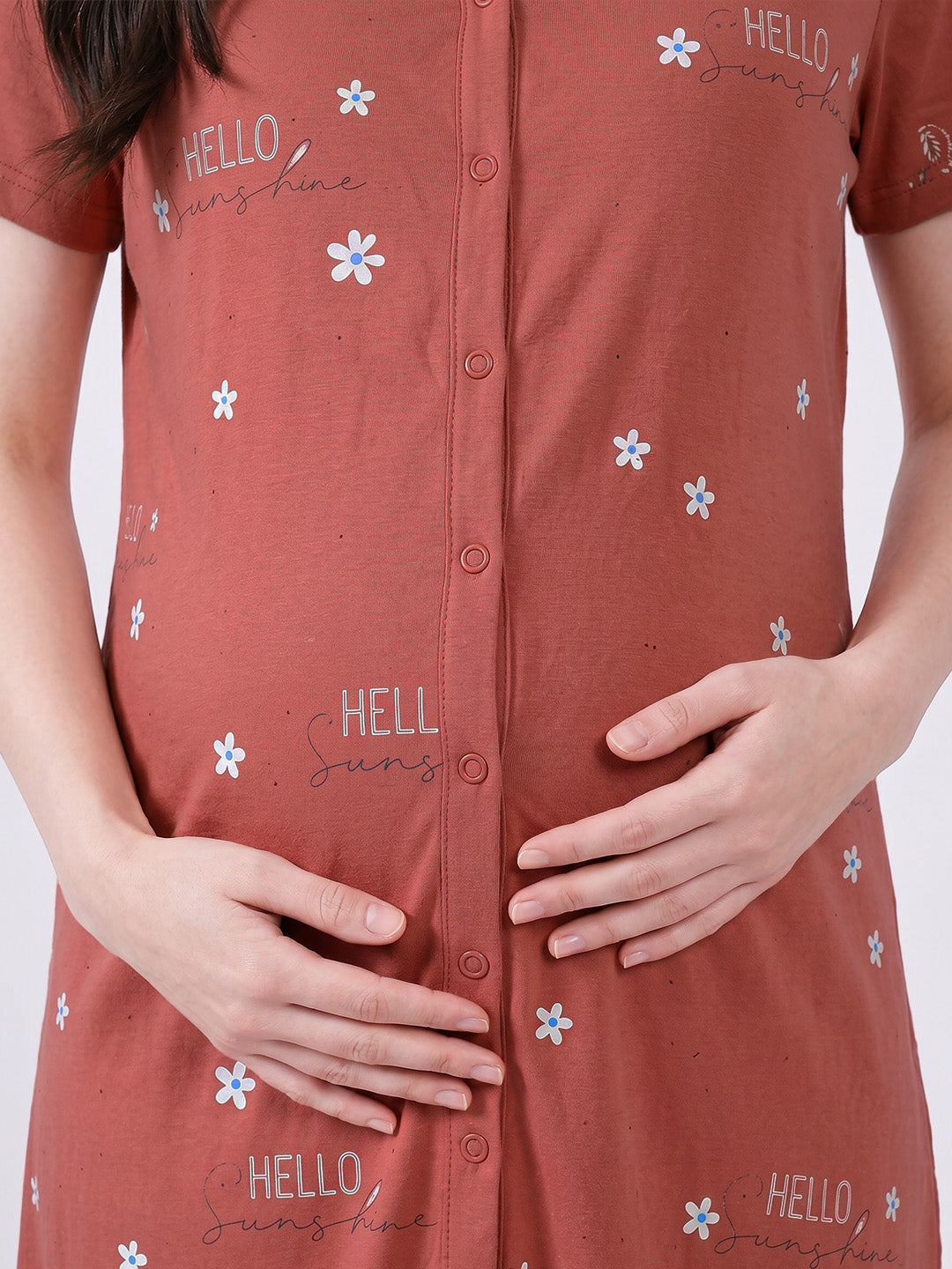 Rust Printed Hosiery Zipless Maternity Nighty