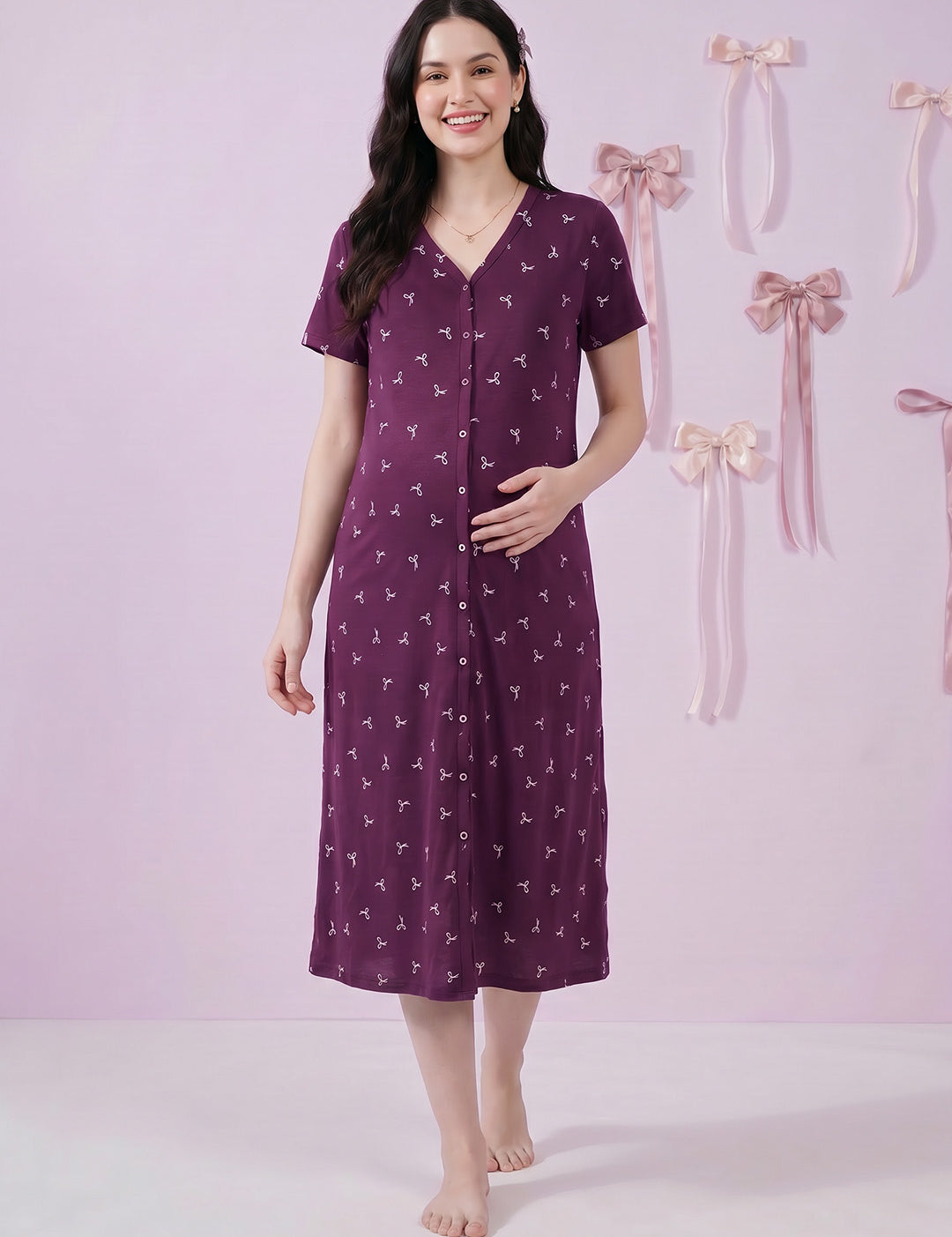 Purple Bow Print Hosiery Zipless Maternity Nighty