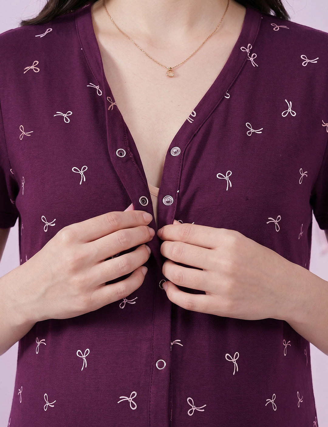 Purple Bow Print Hosiery Zipless Maternity Nighty