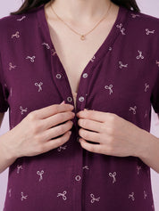 Purple Bow Print Hosiery Zipless Maternity Nighty