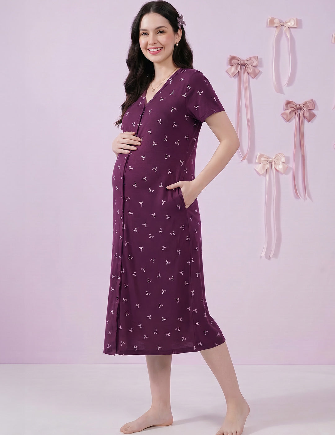 Purple Bow Print Hosiery Zipless Maternity Nighty