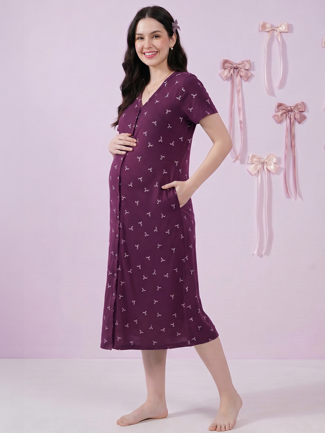 Purple Bow Print Hosiery Zipless Maternity Nighty
