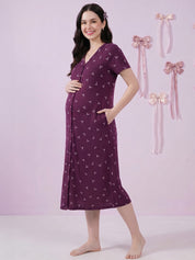 Purple Bow Print Hosiery Zipless Maternity Nighty