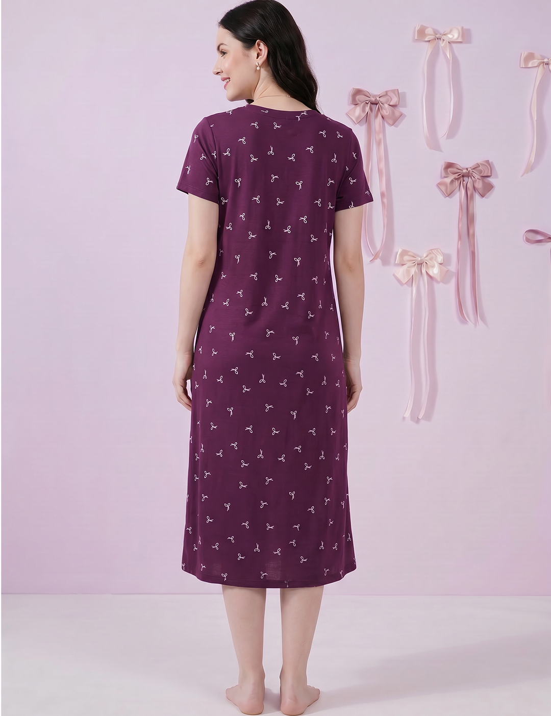 Purple Bow Print Hosiery Zipless Maternity Nighty
