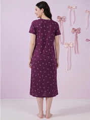 Purple Bow Print Hosiery Zipless Maternity Nighty