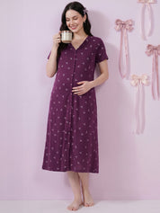 Purple Bow Print Hosiery Zipless Maternity Nighty