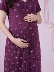 Purple Bow Print Hosiery Zipless Maternity Nighty