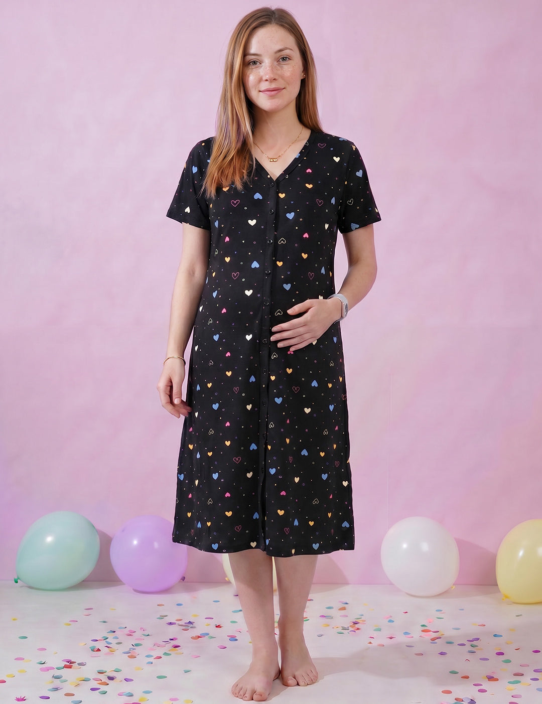 Black Heart Print Hosiery Zipless Maternity Nighty