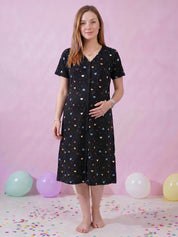 Black Heart Print Hosiery Zipless Maternity Nighty