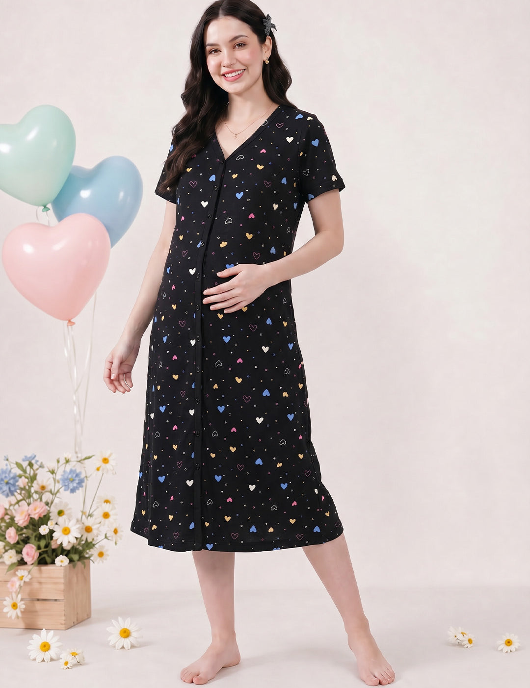 Black Heart Print Hosiery Zipless Maternity Nighty