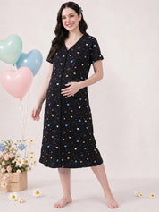 Black Heart Print Hosiery Zipless Maternity Nighty