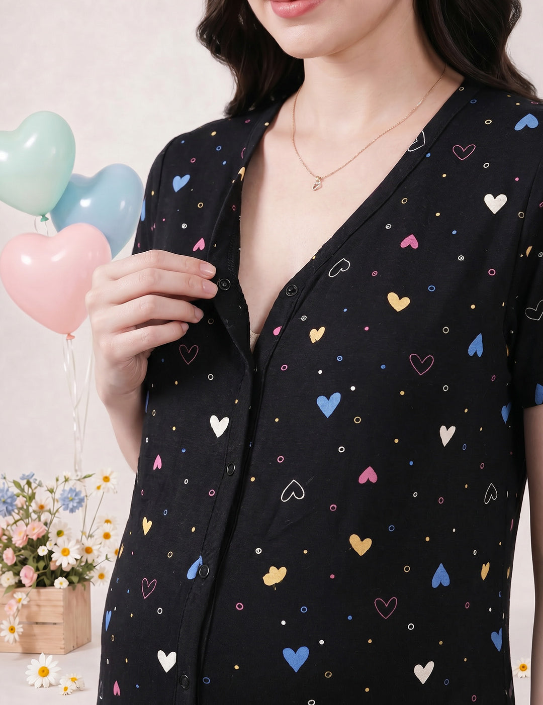 Black Heart Print Hosiery Zipless Maternity Nighty