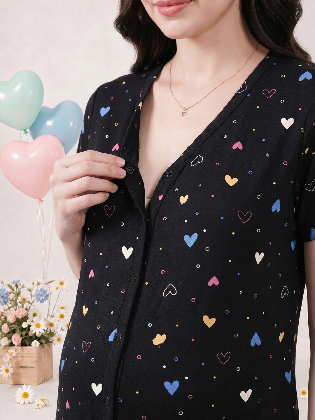 Black Heart Print Hosiery Zipless Maternity Nighty