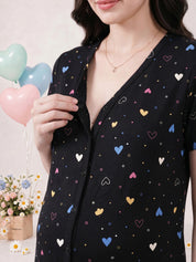 Black Heart Print Hosiery Zipless Maternity Nighty
