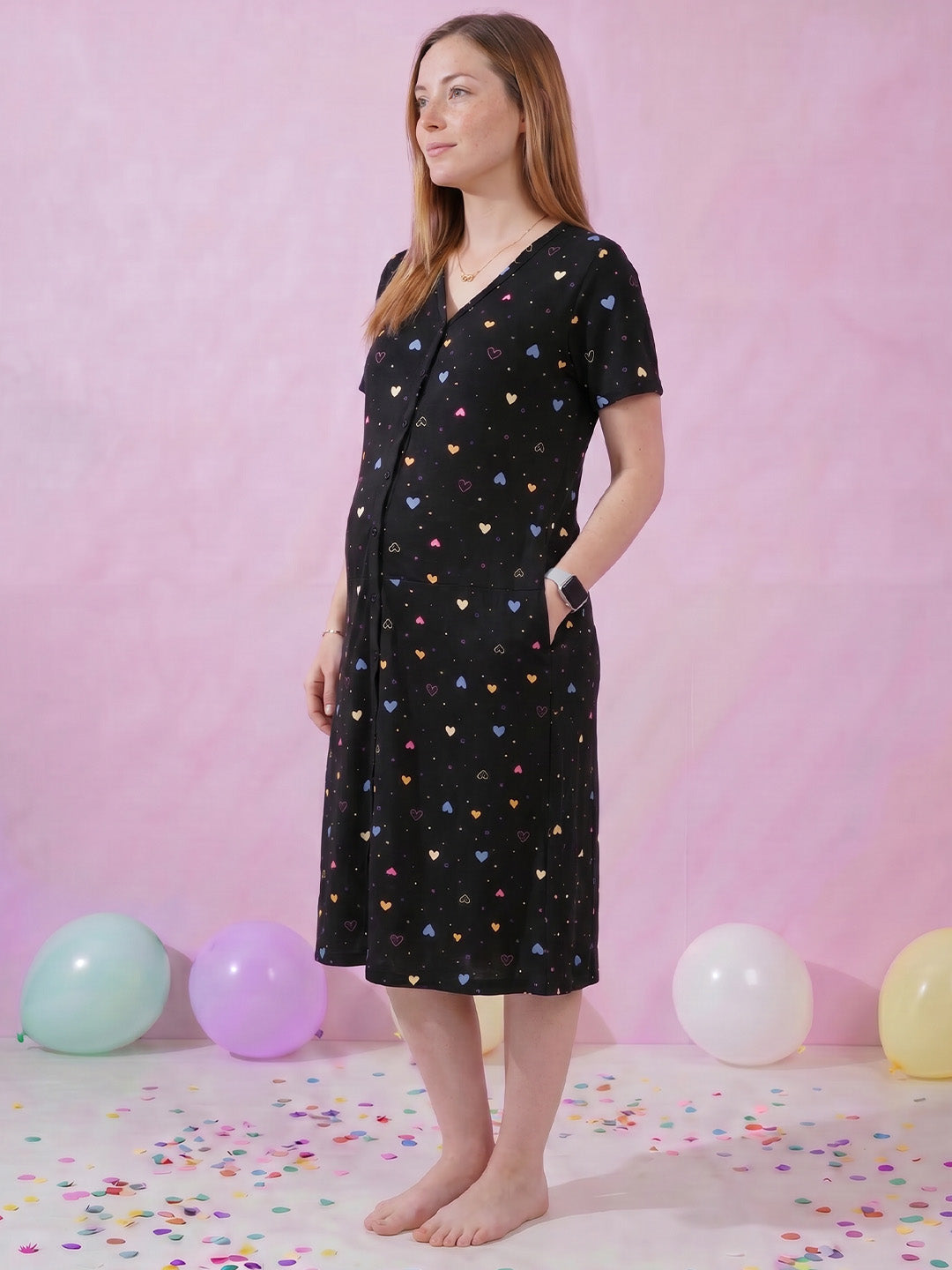 Black Heart Print Hosiery Zipless Maternity Nighty