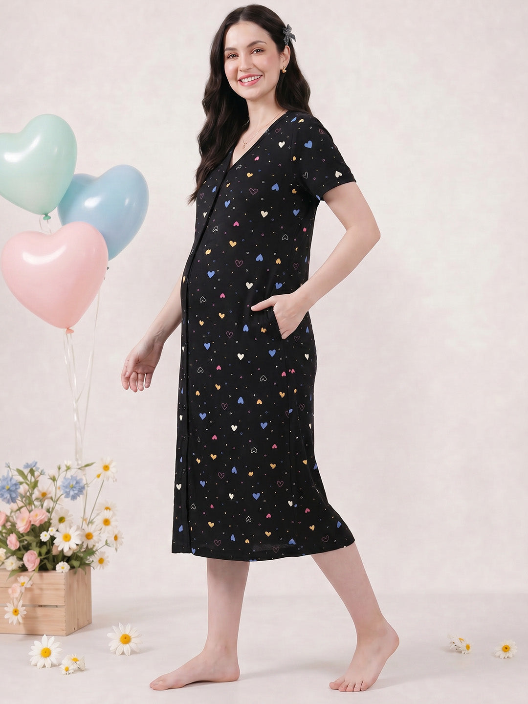 Black Heart Print Hosiery Zipless Maternity Nighty
