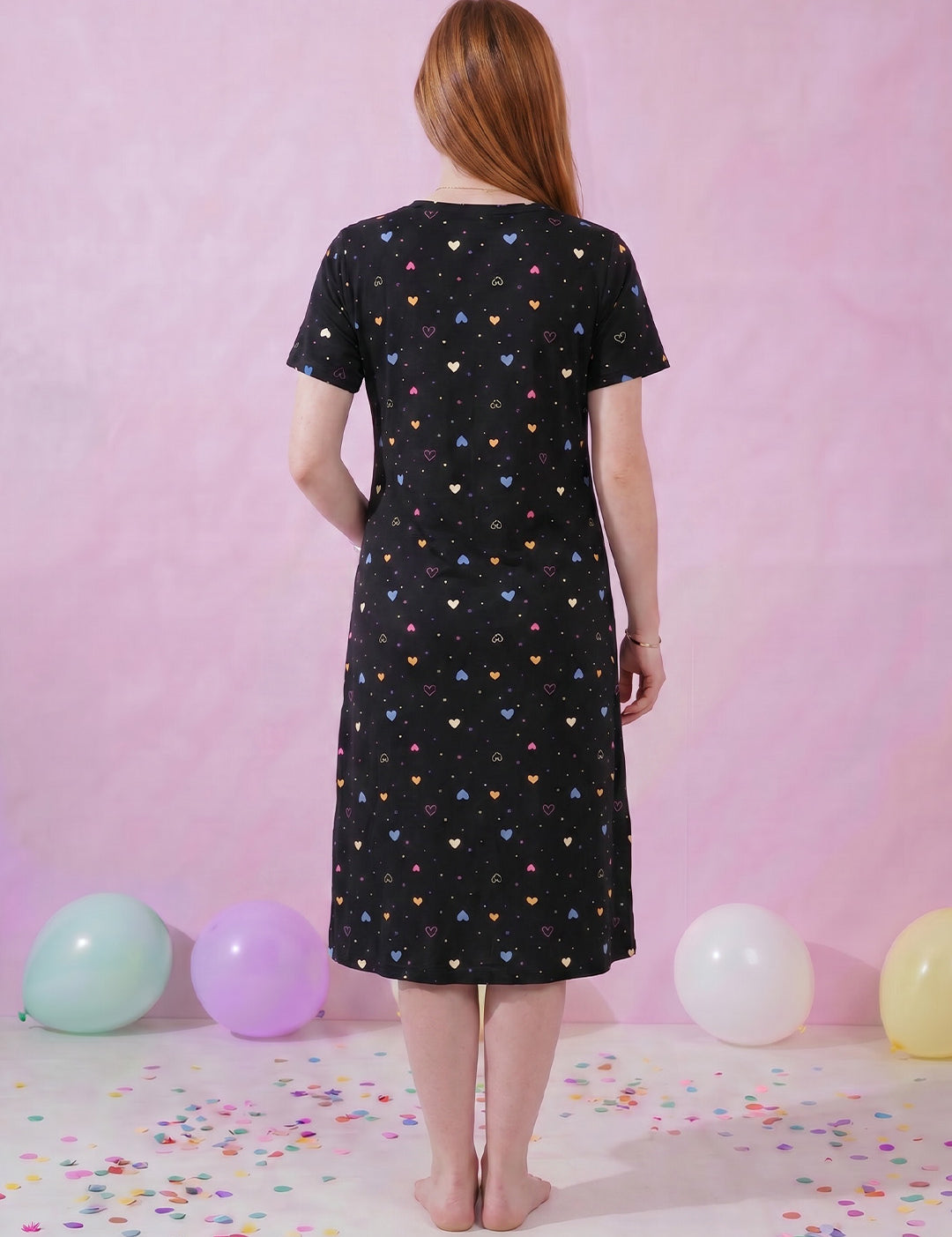 Black Heart Print Hosiery Zipless Maternity Nighty