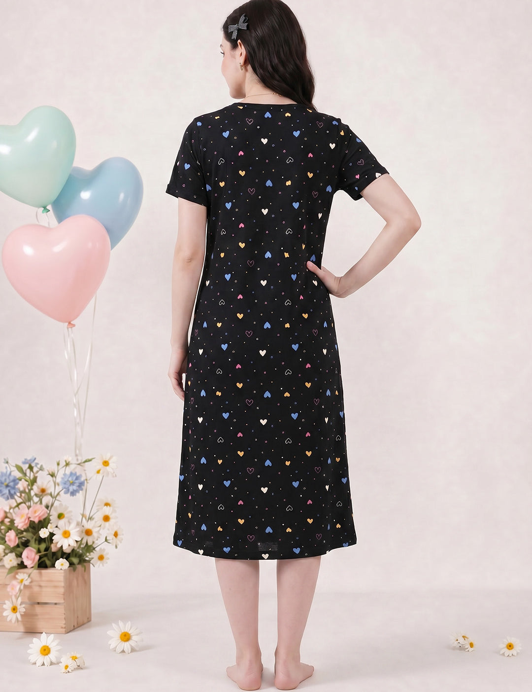 Black Heart Print Hosiery Zipless Maternity Nighty