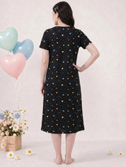 Black Heart Print Hosiery Zipless Maternity Nighty