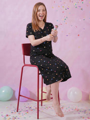 Black Heart Print Hosiery Zipless Maternity Nighty