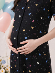 Black Heart Print Hosiery Zipless Maternity Nighty