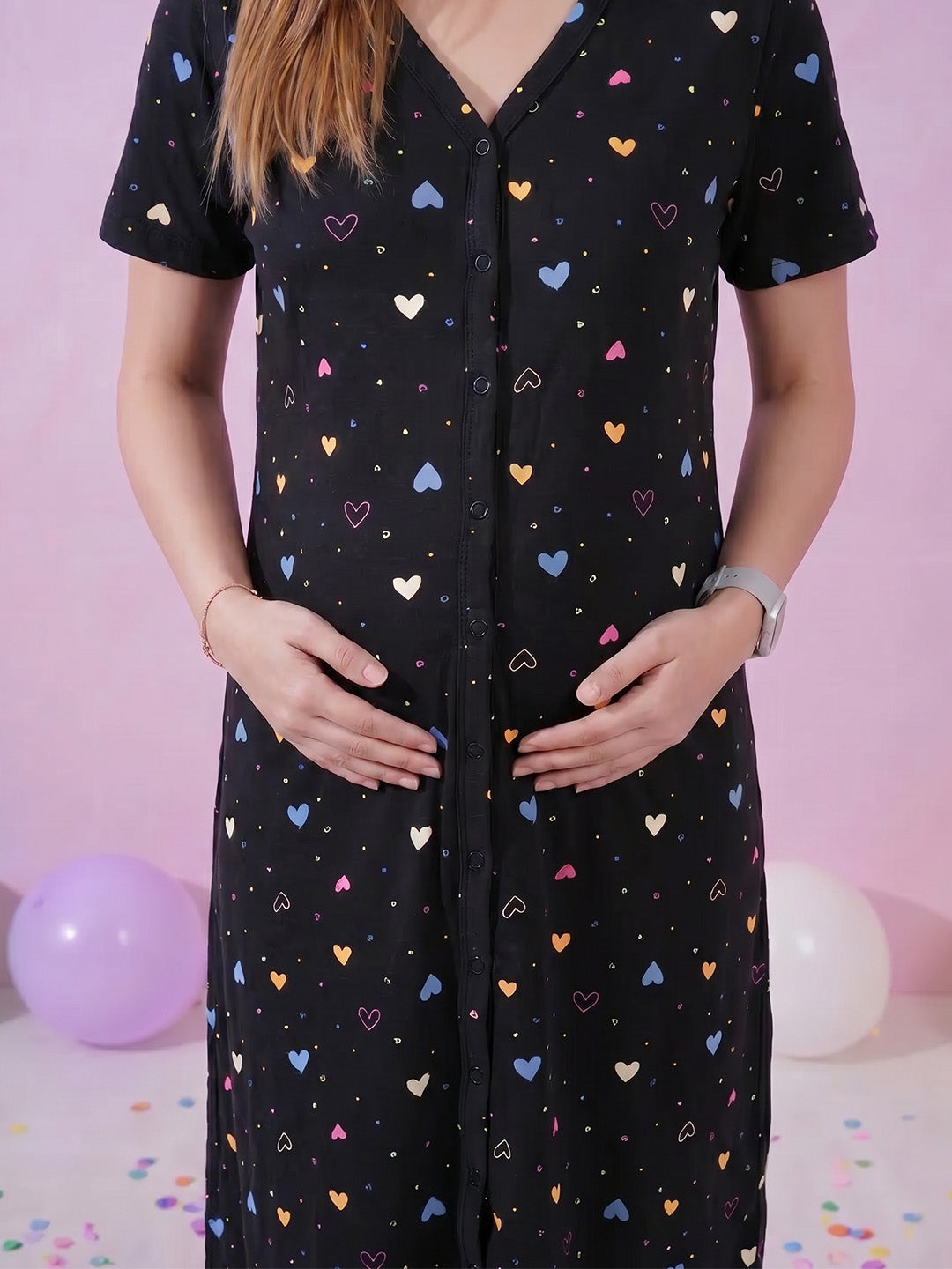 Black Heart Print Hosiery Zipless Maternity Nighty