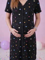 Black Heart Print Hosiery Zipless Maternity Nighty
