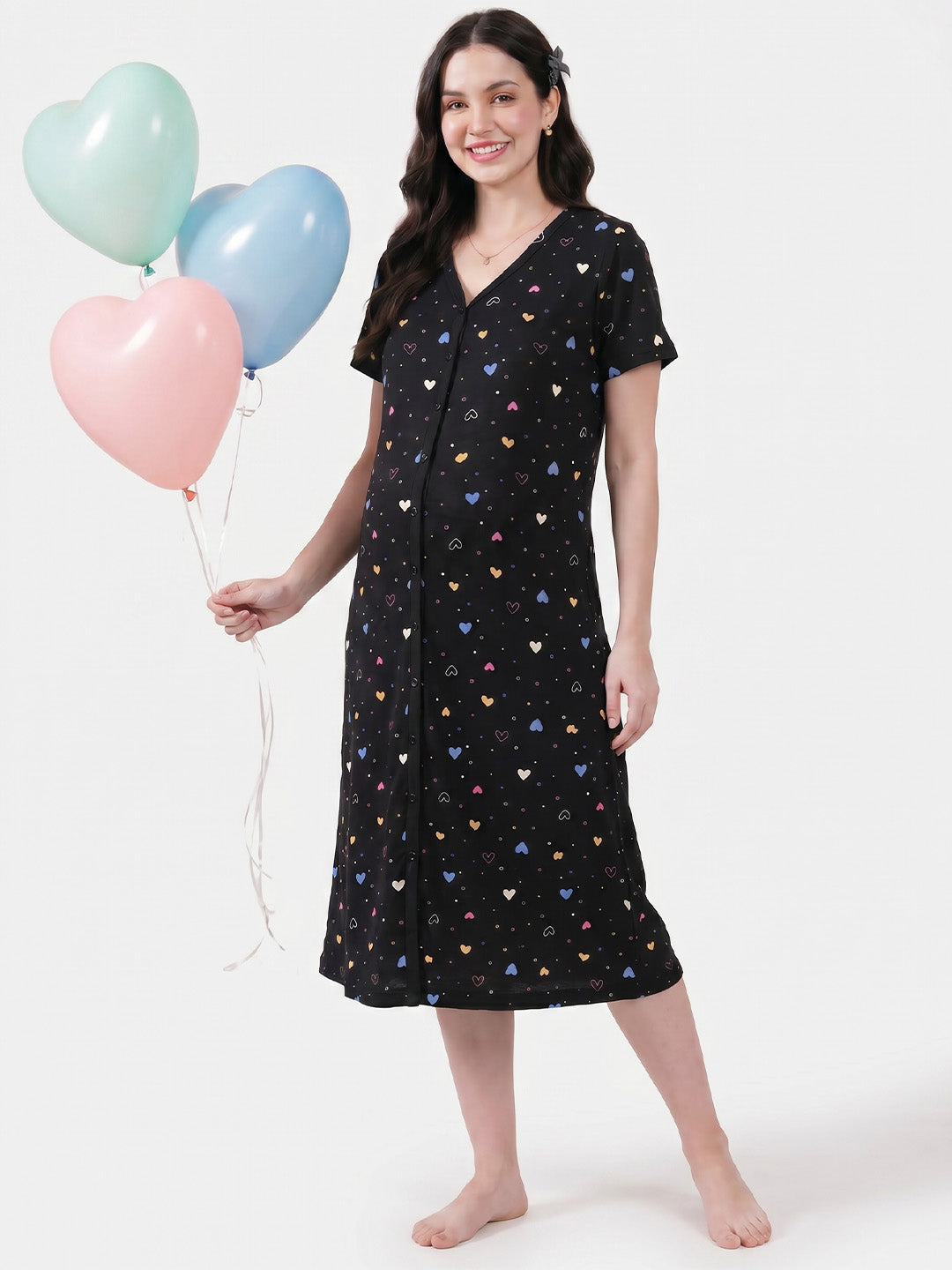 Black Heart Print Hosiery Zipless Maternity Nighty