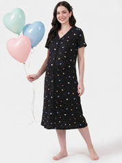 Black Heart Print Hosiery Zipless Maternity Nighty