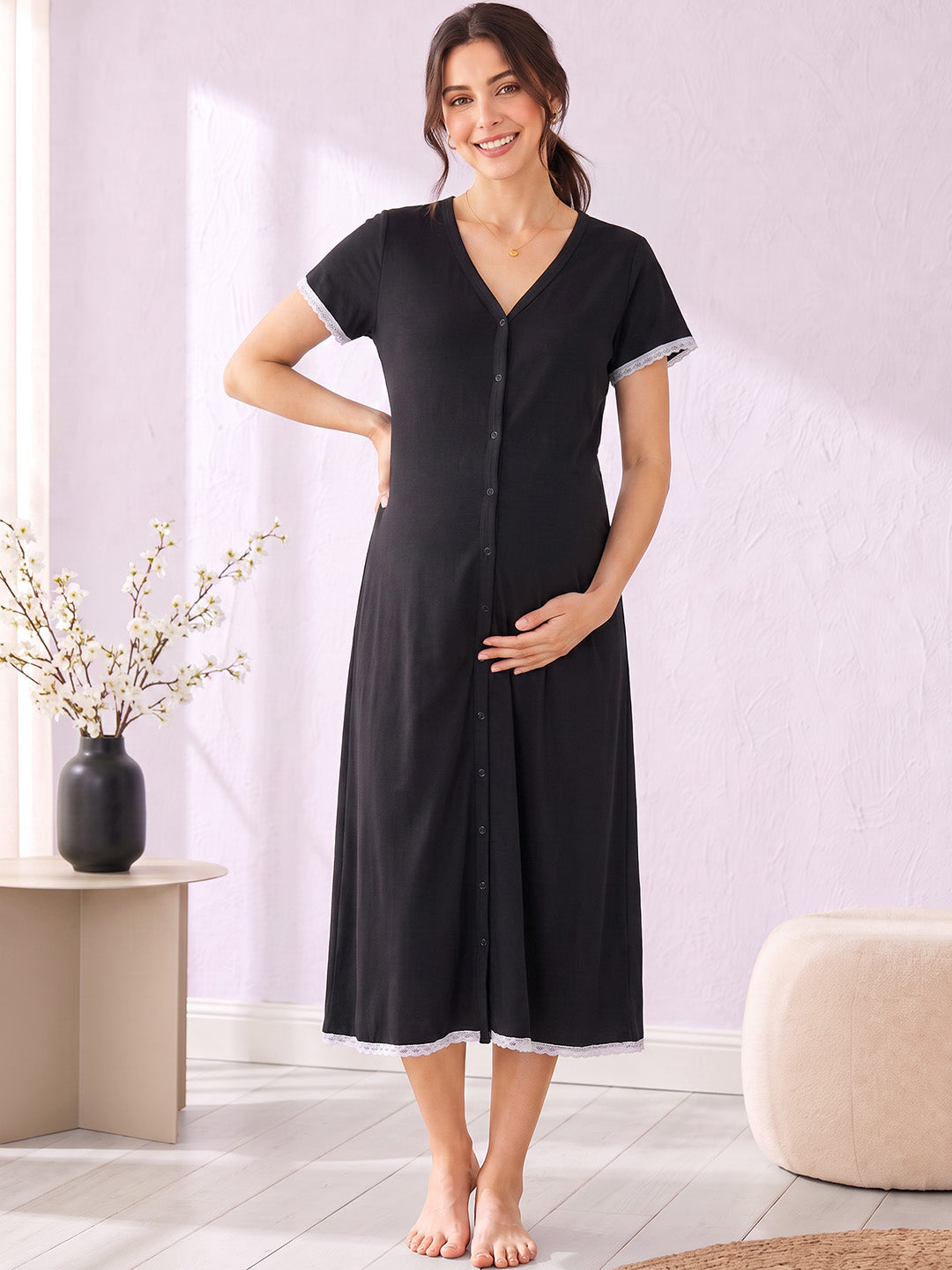 Black Solid Hosiery Zipless Maternity Nighty