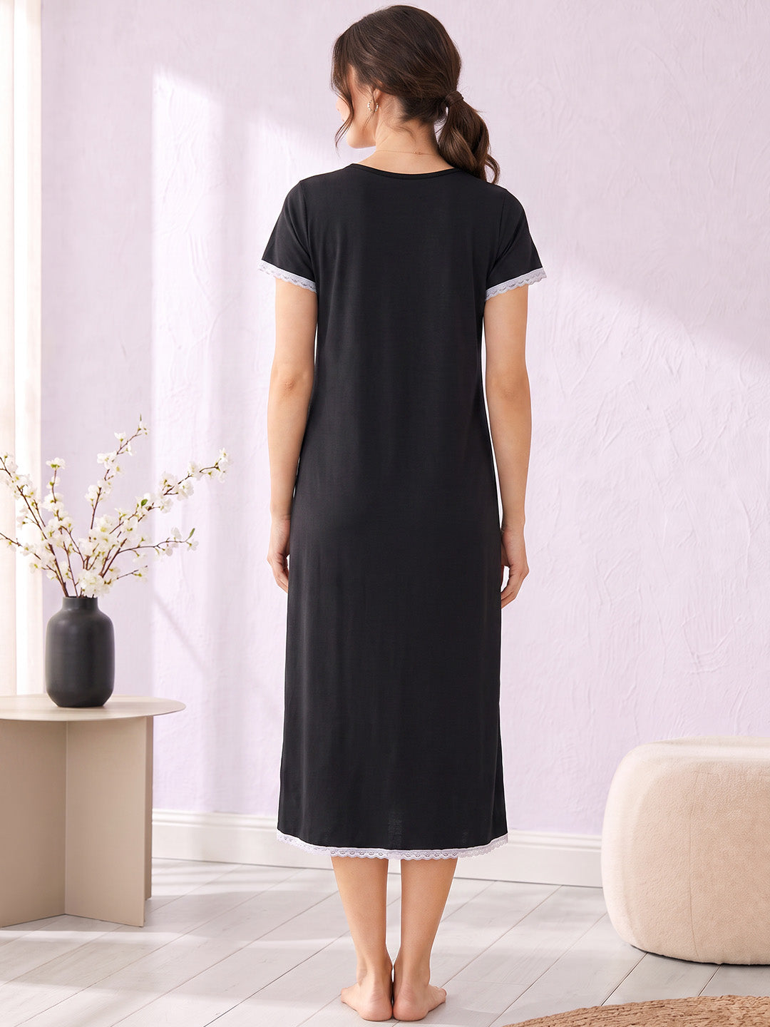 Black Solid Hosiery Zipless Maternity Nighty