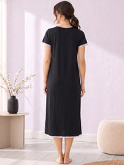 Black Solid Hosiery Zipless Maternity Nighty
