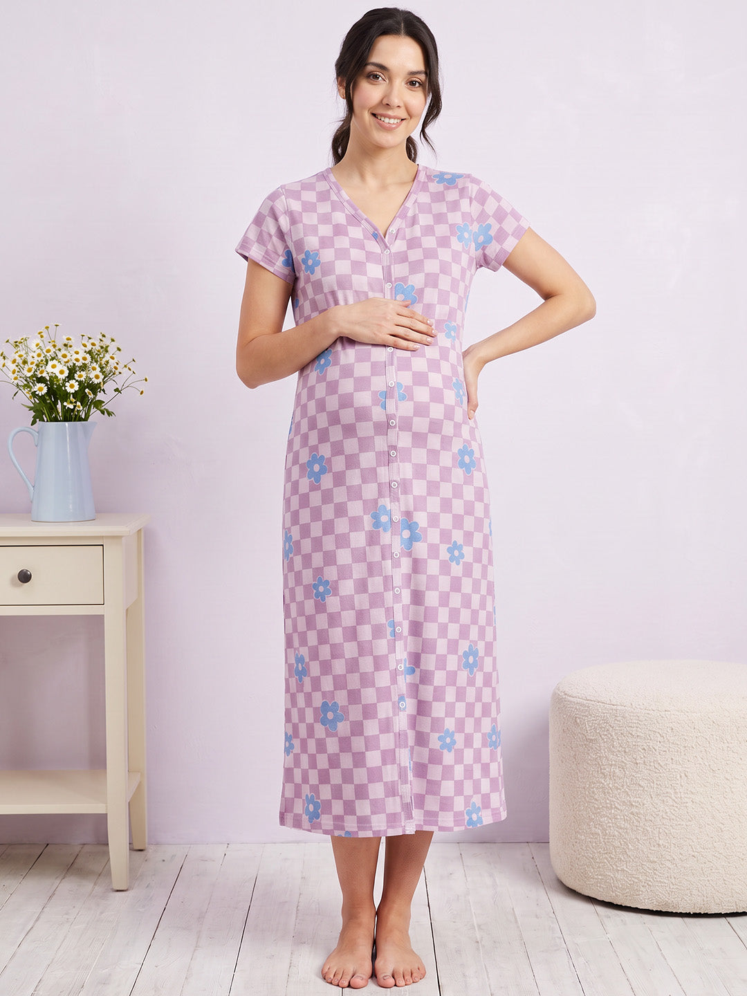 Lilac Gingham Floral Print Hosiery Zipless Maternity Nighty