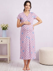 Lilac Gingham Floral Print Hosiery Zipless Maternity Nighty