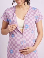 Lilac Gingham Floral Print Hosiery Zipless Maternity Nighty