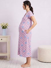 Lilac Gingham Floral Print Hosiery Zipless Maternity Nighty