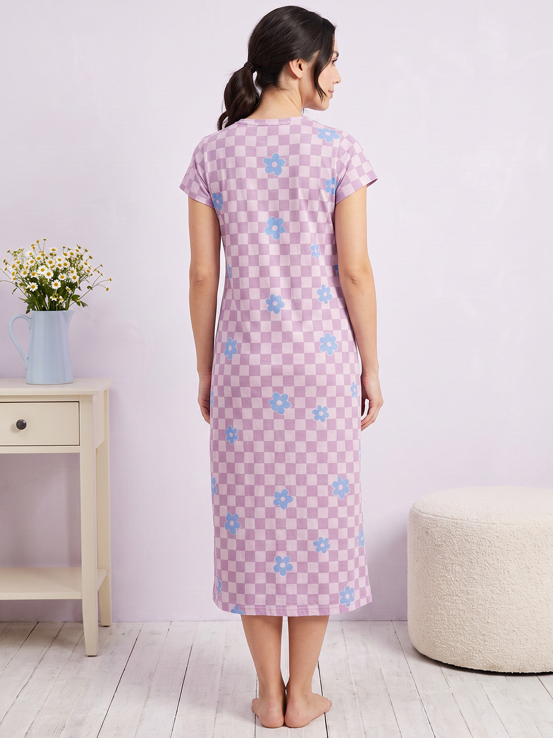 Lilac Gingham Floral Print Hosiery Zipless Maternity Nighty