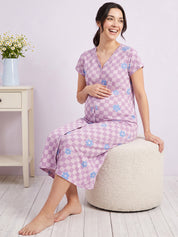 Lilac Gingham Floral Print Hosiery Zipless Maternity Nighty