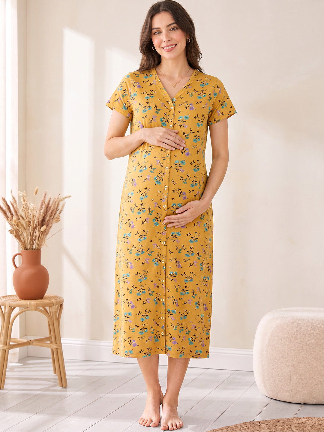Yellow Floral Hosiery Zipless Maternity Nighty