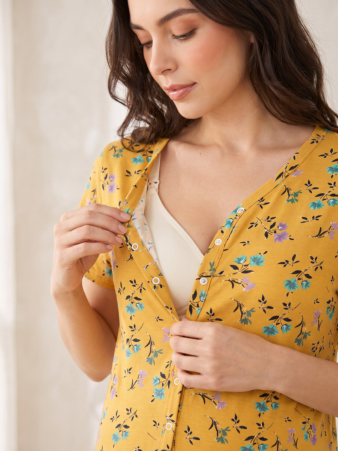 Yellow Floral Hosiery Zipless Maternity Nighty