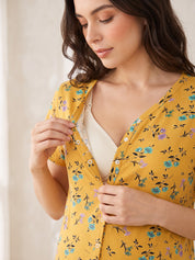 Yellow Floral Hosiery Zipless Maternity Nighty
