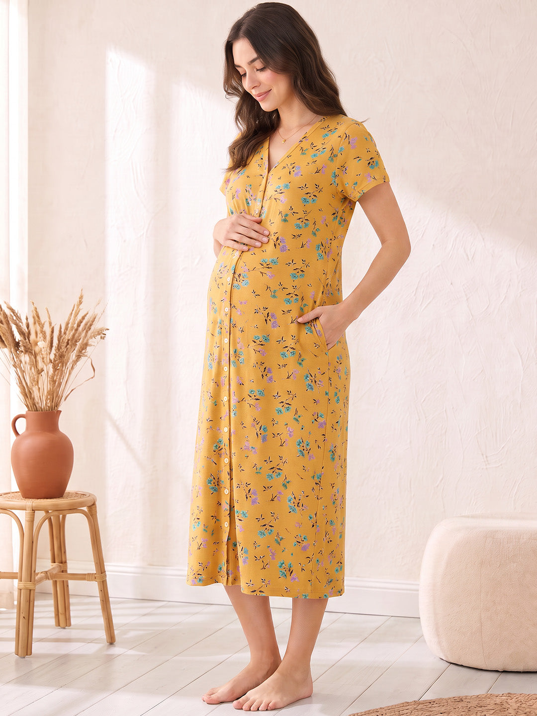 Yellow Floral Hosiery Zipless Maternity Nighty