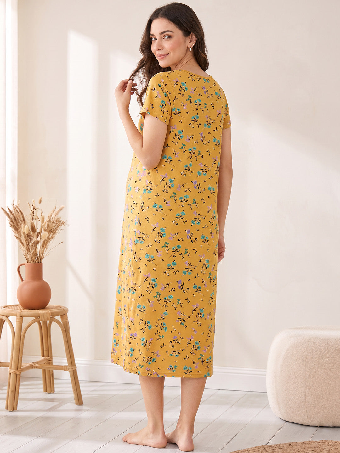 Yellow Floral Hosiery Zipless Maternity Nighty