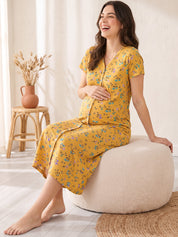 Yellow Floral Hosiery Zipless Maternity Nighty
