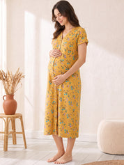 Yellow Floral Hosiery Zipless Maternity Nighty