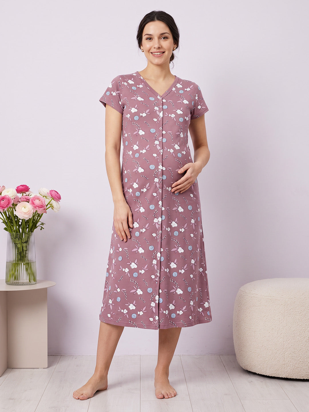Lavender Floral Hosiery Zipless Maternity Nighty