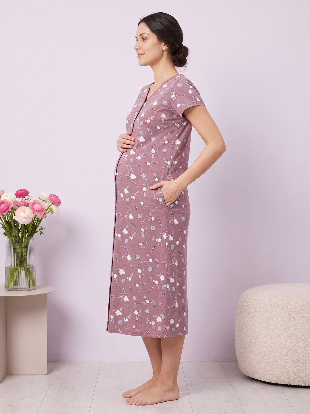 Lavender Floral Hosiery Zipless Maternity Nighty