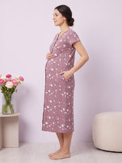 Lavender Floral Hosiery Zipless Maternity Nighty