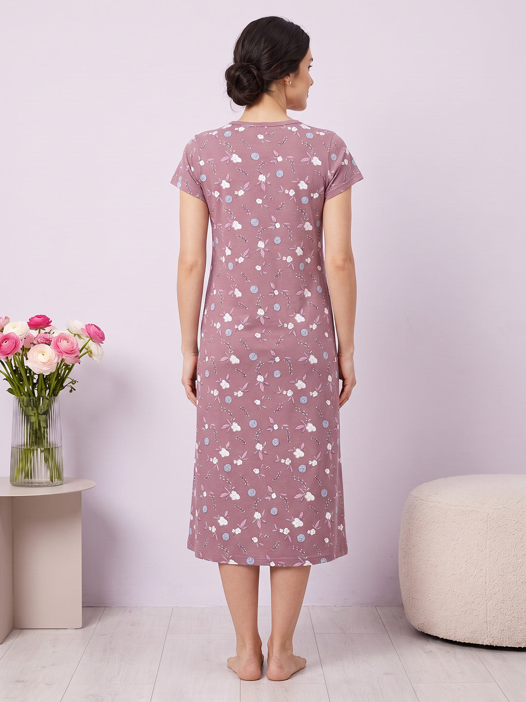 Lavender Floral Hosiery Zipless Maternity Nighty